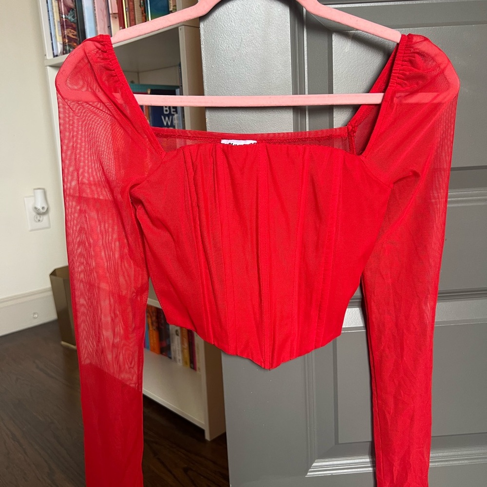 Red Mesh Long Sleeve Top